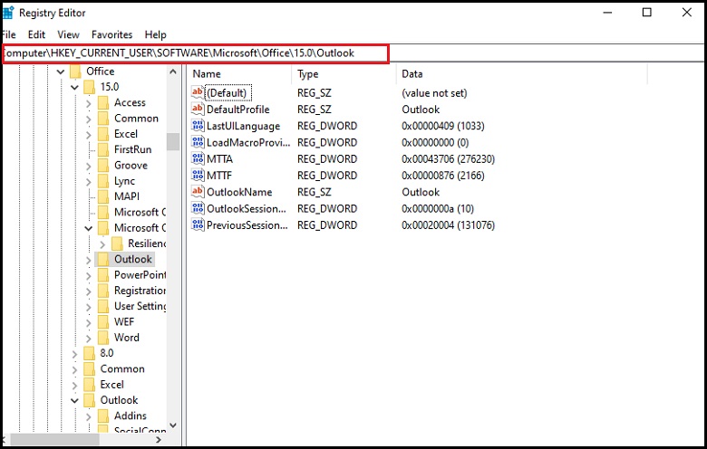 对于 Outlook 2013，键入配置文件密钥